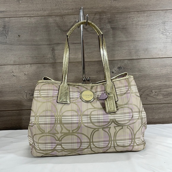 Coach Handbags - Coach F17213 Carryall Tartan Plaid Signature Logo W/Leather Trim Tote